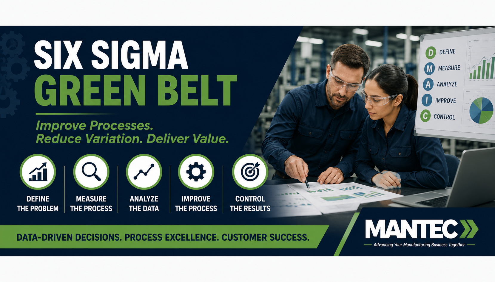 Professionals engaged in a Lean Six Sigma Green Belt training session, reviewing process maps and data charts.