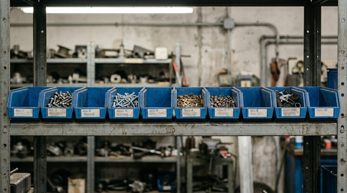 Row of labelled parts bins on a shop rack, some full and some empty, seen straight on as an implied scoring grid