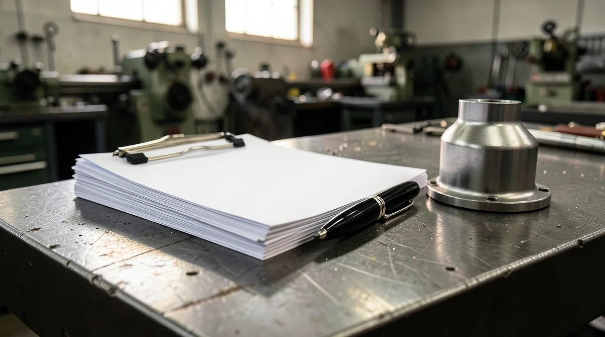 Blank sign-in sheets on a clipboard beside a machined part on a steel workbench, a machine shop blurred behind