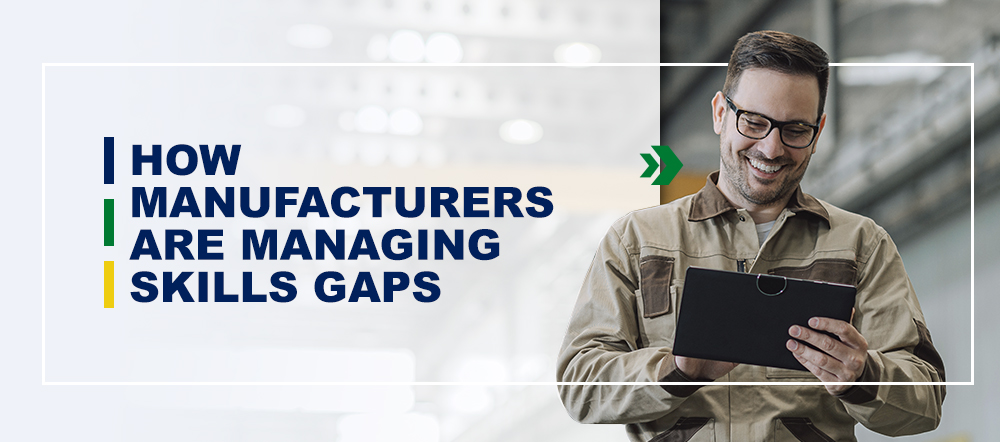 How Manufacturers are Managing Skills Gaps ((Man wearing glasses smiling at ipad).
