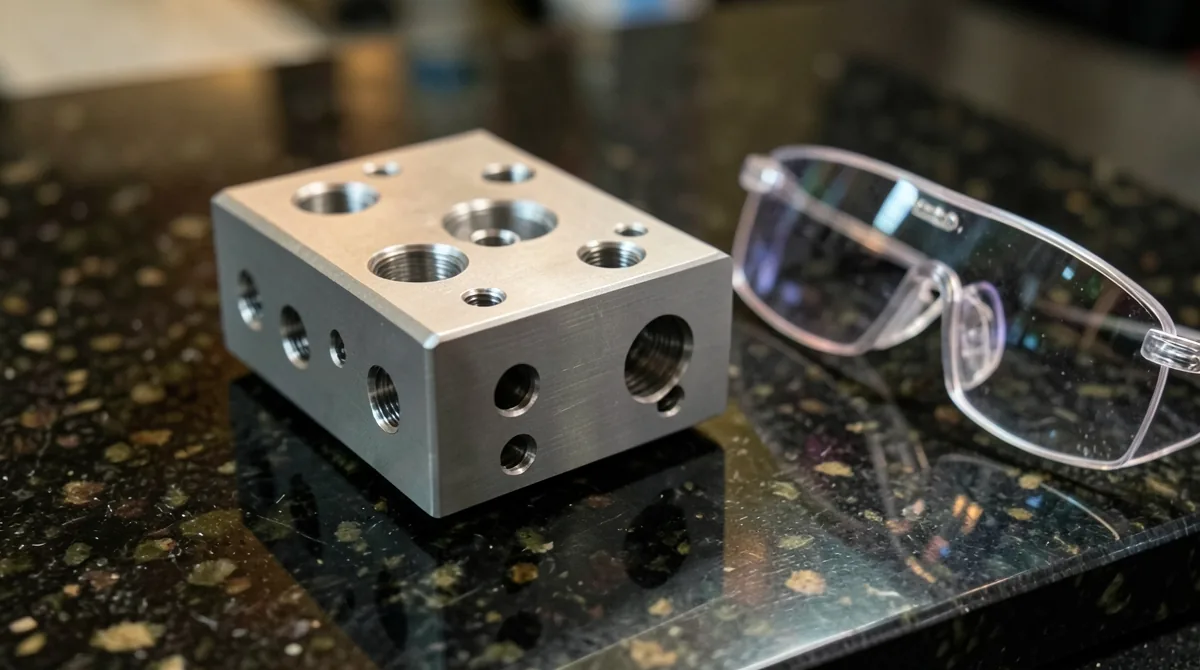 A finished machined aluminum block with drilled and threaded holes on a granite inspection plate beside clear safety glasses