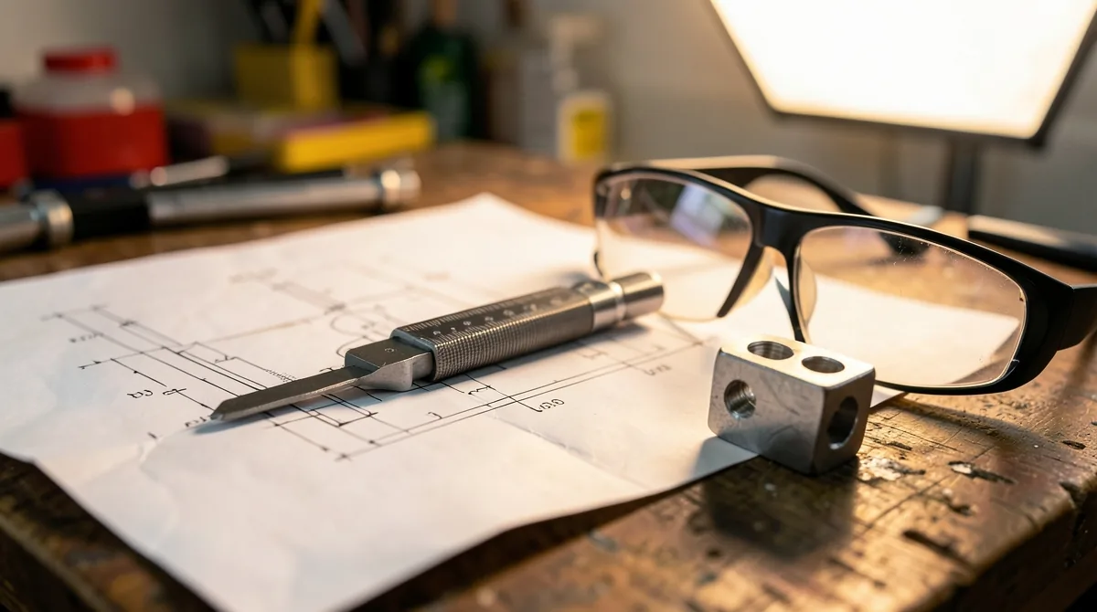 A training workbench with an engineering drawing, a measuring tool, safety glasses and a machined practice block