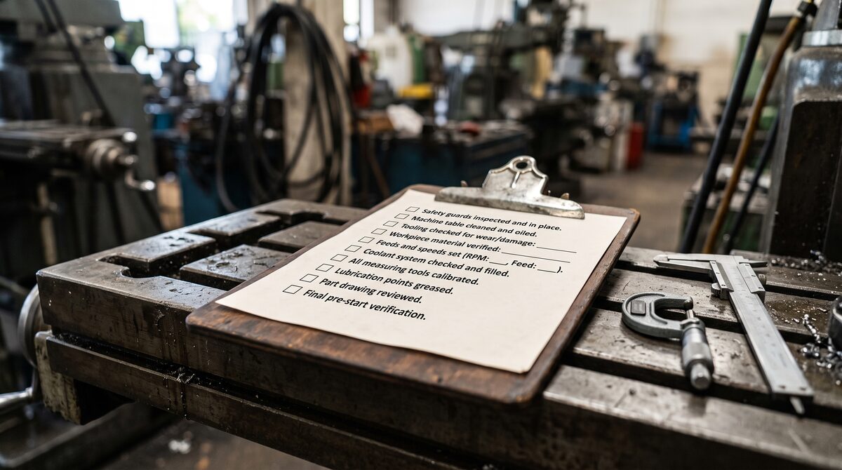 Close detail of a clipboard with a blank printed checklist resting on a machine table beside measuring tools, shallow...