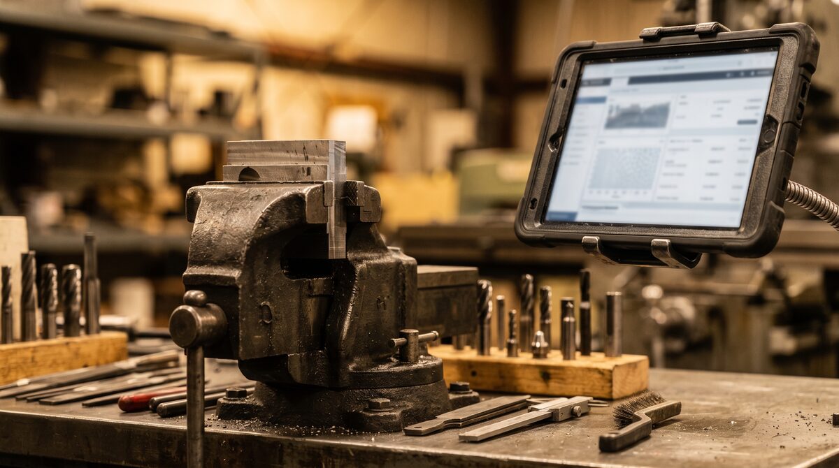 Close detail of a tablet mounted on a machine stand beside a vice and tooling, screen generic and unreadable, warm shop light
