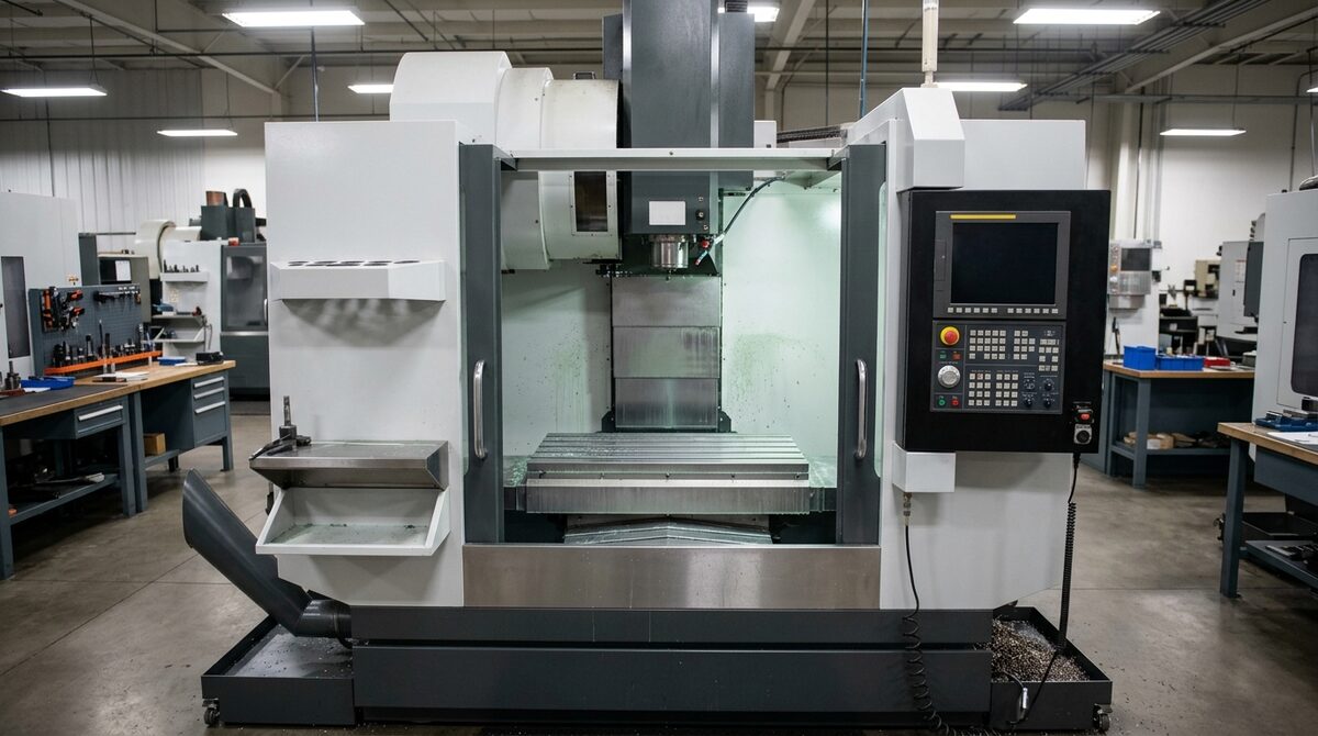 CNC machine standing idle mid-shift with its door open and no job loaded, chip conveyor still