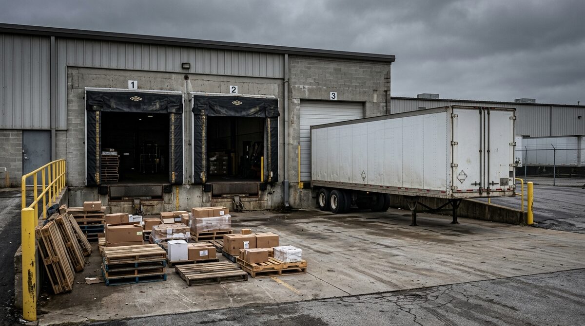 Loading dock with two bays open and one empty trailer waiting, pallets staged unevenly on the apron