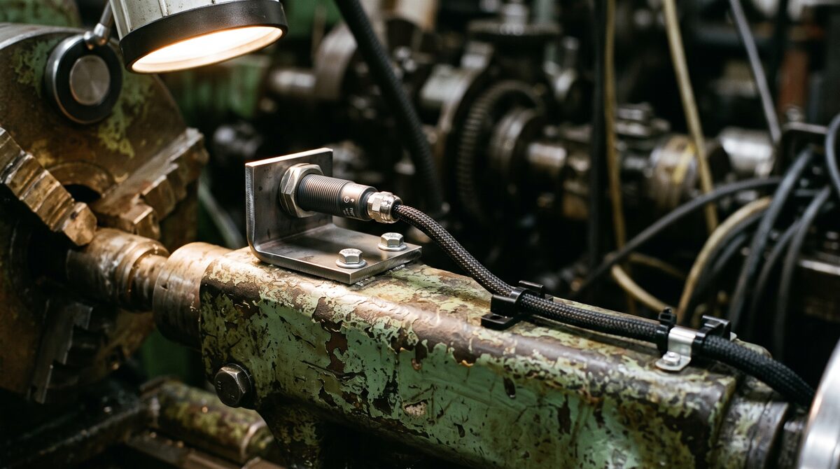 Close detail of a sensor and cable run retrofitted to an older machine tool, new hardware against worn painted castings,...